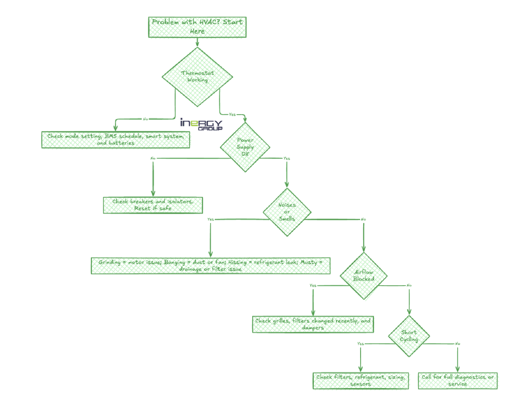 A flow chart showing inergy groups process to fix a HVAC system